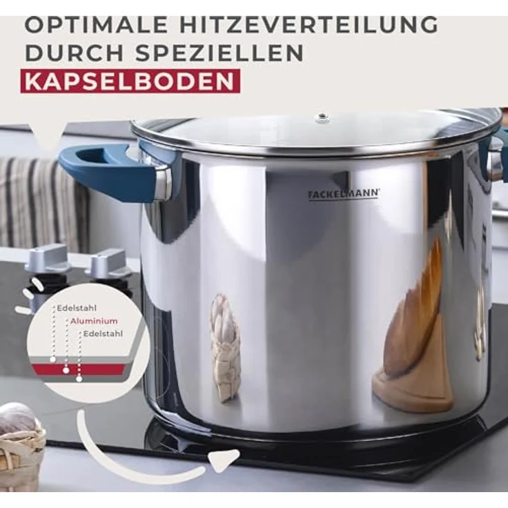 Fackelmann Suppentopf Essential, Ø 24 cm, 9L, Hochwertiger Edelstahl, ergonomische Bakelit-Griffe, für alle Herdarten geeignet, Blau – Bild 6