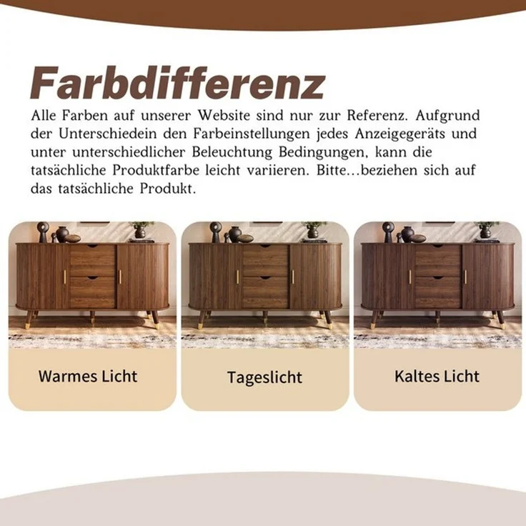 MODFU Sideboard 140x79,5x40 cm Wohnzimmer-Sideboard in vertikaler Maserung (Packung, 1 St, Praktisch mit Schiebetüren und Massivholzbeinen), Abgerundeter Eckschrank mit zwei Schubladen – Bild 4