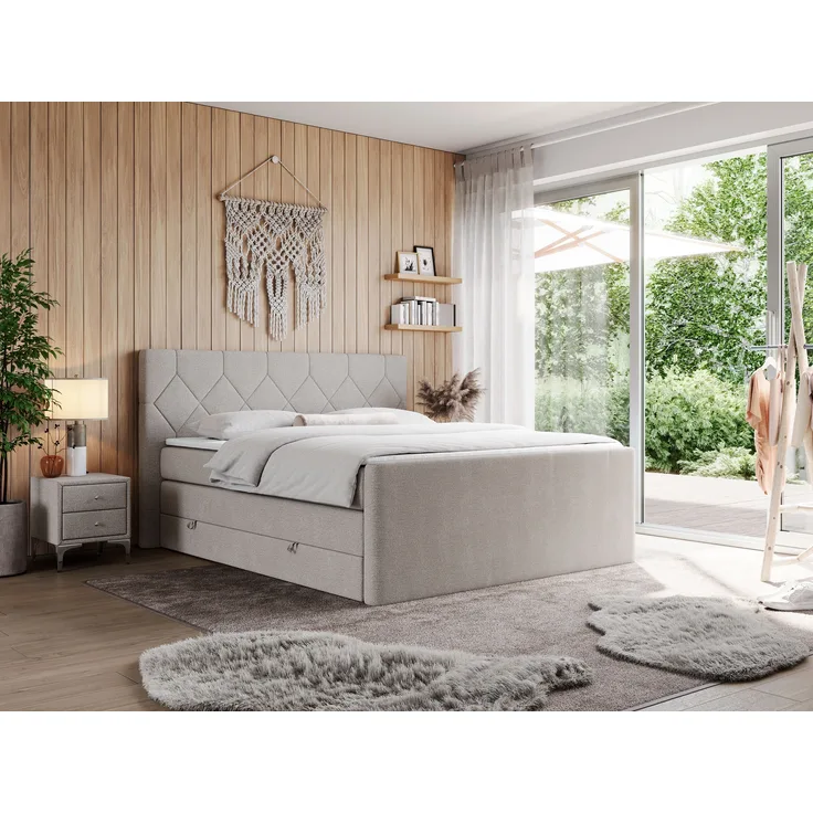 Boxspringbett KING EIGAR, mit einer Doppelmatratze, einem genähten Kopfteil - 120x200 - Beige Stoff - H4