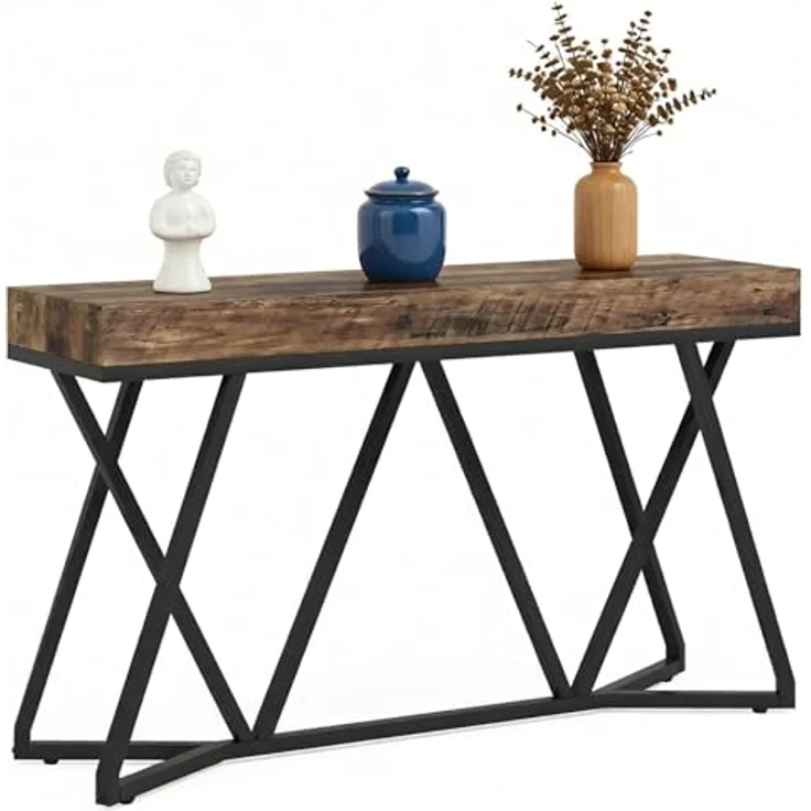LITTLE TREE Konsolentisch mit Metallgestell, 140 cm Sofatisch im Industrial Landhausstil, Hoher Eintrittstisch für Flur & Wohnzimmer, Rustikale Holzoptik, Stabile Konstruktion, Rustikales Braun – Bild 1