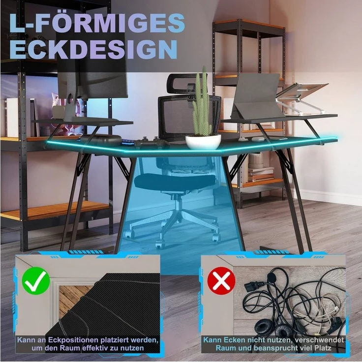 FIVMEN Schreibtisch Computertisch Gaming Tisch L-Frame PC Schreibtisch mit Tischplatte (1 Tisch), Gaming Schreibtisch inkl. Schwarze Kohlefaser für zu Hause/Büro – Bild 3