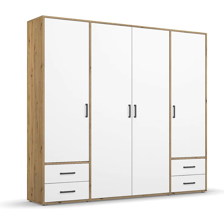Rauch Möbel Voyager Schrank Kleiderschrank Drehtürenschrank, Alpinweiß/Eiche Artisan, 4-türig mit 4 Schubladen, inkl. 1 Kleiderstange, 5 Einlegeböden BxHxT 187x194x53 cm