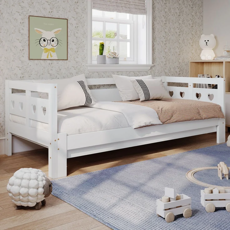 Herzform Schlafsofa, Daybed ausziehbar, Kinderbett und Gästebett, weißes Polster, Kiefernholz, platzsparend – Bild 4
