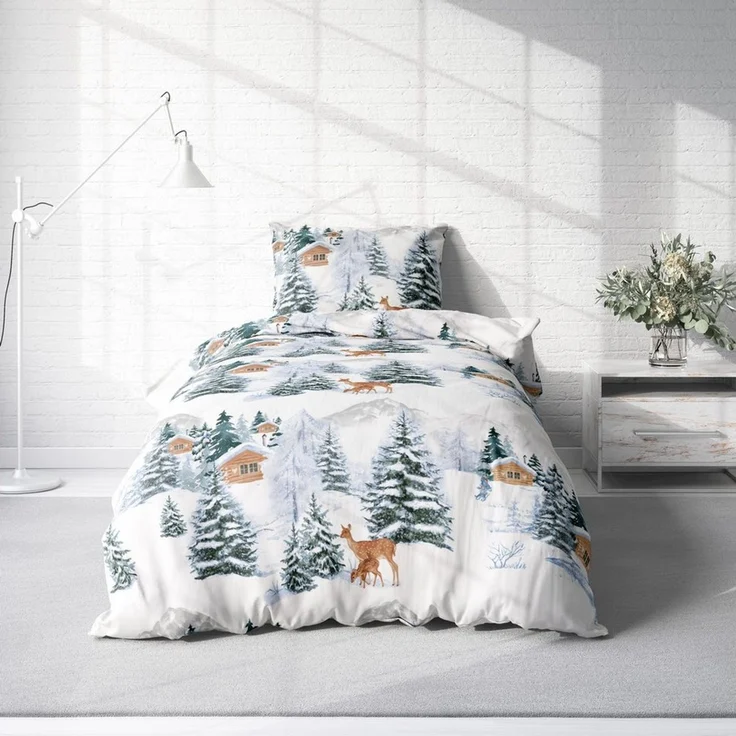 One Home Bettwäsche Winterlandschaft Hirsche Natur Weihnachten, Flanell, 2 teilig, weihnachtlich Schnee, kuschelig flauschig warm weiche Baumwolle Biber – Bild 2