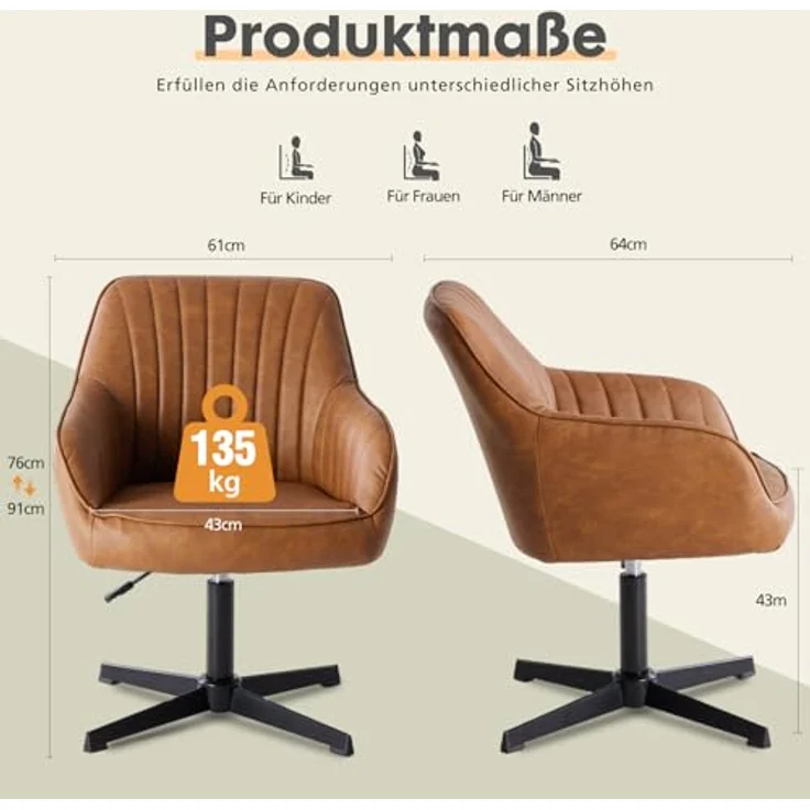 DUMOS Schreibtischstuhl Ohne Rollen, Bürostuhl Vintage PU Stoff, Höhenverstellbar Schminktisch Stuhl, Drehstuhl Kinder, Bis 135 kg Belastbar Desk Chair, für Arbeitszimmer, Schlafzimmer, Braun – Bild 3