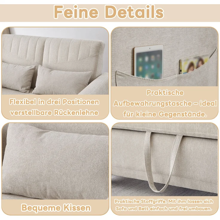 2-Sitzer Schlafsofa ausziehbar Baumwoll-Leinen, verstellbare Rückenlehne, Doppelbett Sofa für Wohnzimmer,Beige – Bild 9