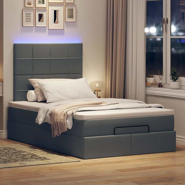 vidaXL Ottoman-Bett mit Matratze & LEDs Dunkelgrau 120x200 cm Stoff 3313997 – Bild 2