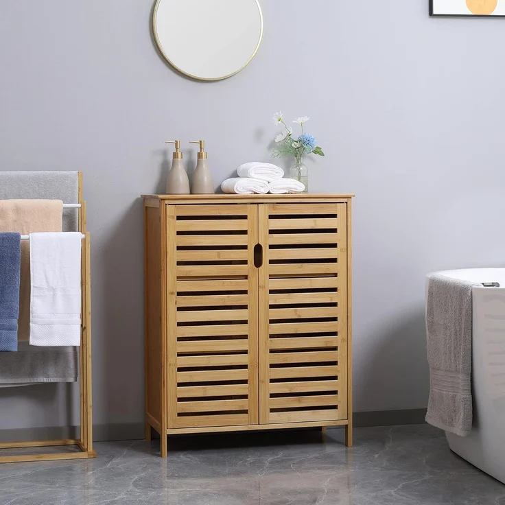 Kleankin Badkommode Badezimmerschrank, Badschrank (Beistellschrank mit 2 Lamellentüren, Innenregalen, 1 St, Bambus Aufbewahrungsschrank für Badezimmer), 68 x 32 x 86 cm, Natur – Bild 2