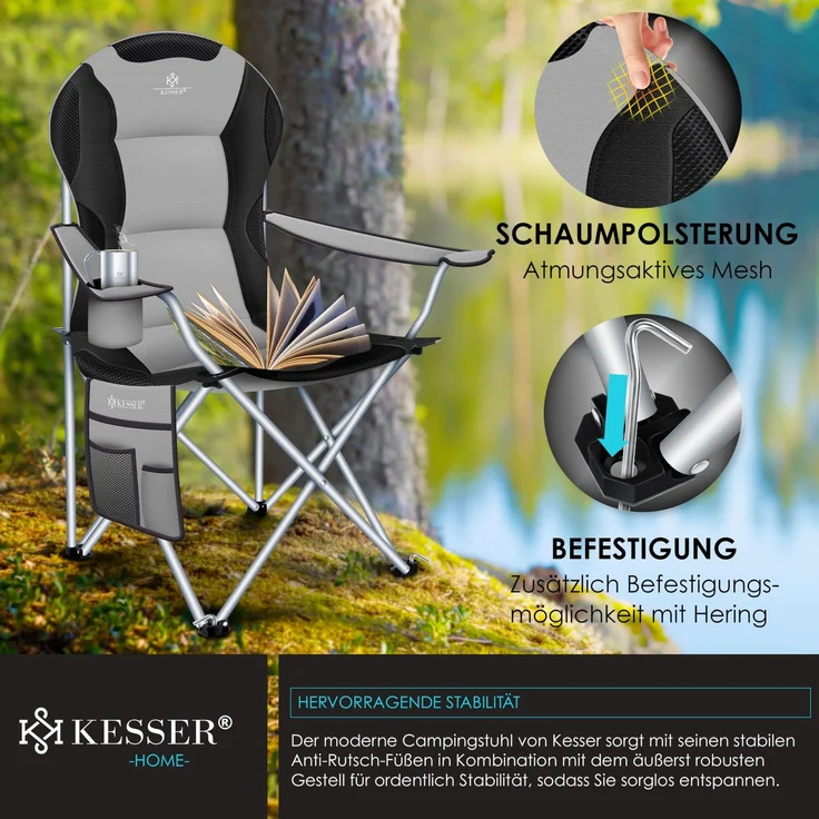 KESSER® Campingstuhl faltbar bis 150 kg Angelstuhl Faltstuhl Klappstuhl Gepolstert mit Armlehnen, Getränkehalter + Tasche mit hoher Rückenlehne, Strandstuhl, Klapphocker Grau / Schwarz – Bild 8