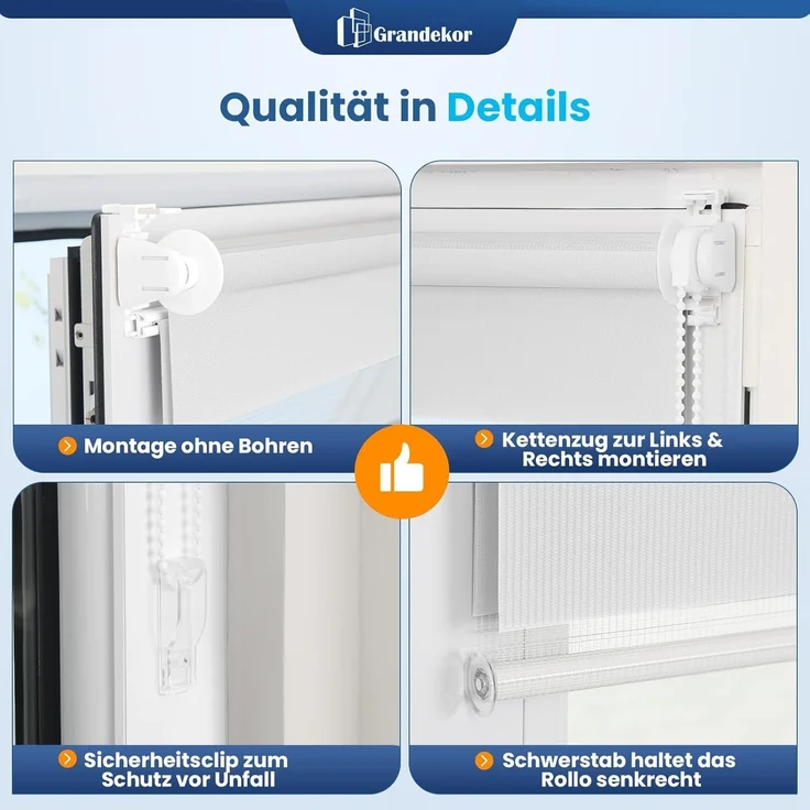 Grandekor Doppelrollo Klemmfix ohne Bohren Weiß 70x230 cm(Stoffbreite 66cm) Fenster Rollos für innen Klemmrollos Duo Rollos für Fenster ohne Bohren mit Bohren Privatschutz UV-Schutz Zebrarollo – Bild 5