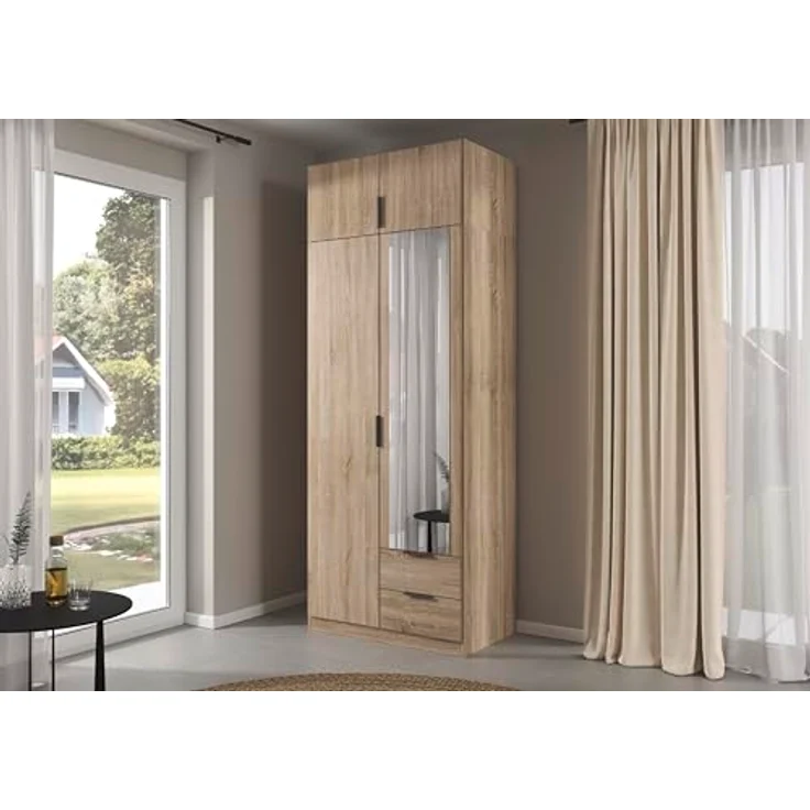 Rauch Möbel Lagoa, Kleiderschrank, Garderobe für Schlafzimmer, Kinderzimmer, Jugendzimmer 4-türig, mit Spiegel, 2 Schubladen, mit Zubehör Classic, Farbe Eiche Sonoma, Holz, Breite 91 – Bild 3