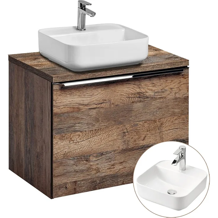 Badezimmermöbel Waschtisch-Unterschrank Set 60cm PUEBLA-56 Vintage Oak Eiche, 40cm Keramik-Waschbecken, 2 Softclose-Schubkästen, B/H/T 60,4/62,5/46 cm