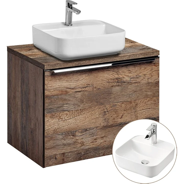 Badezimmermöbel Waschtisch-Unterschrank Set 60cm PUEBLA-56 Vintage Oak Eiche, 40cm Keramik-Waschbecken, 2 Softclose-Schubkästen, B/H/T 60,4/62,5/46 cm – Bild 1