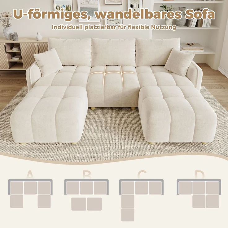 ZUBALIYA L-/U-förmiges wandelbares Ecksofa, 5-Sitzer modulare Sofakombination mit 2 Hockern und Kissen, Chenille-Stoff, Cloud-Sofa, breite Armlehnen, geeignet für Wohnzimmer, Schlafzimmer, Wohnung – Bild 3