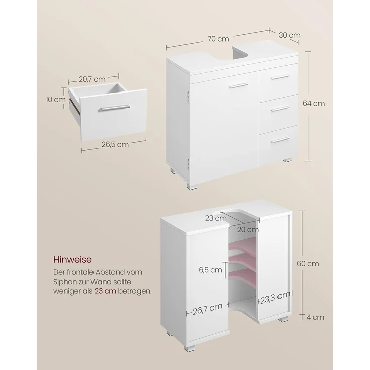 VASAGLE Waschbeckenunterschrank, Badezimmerschrankmit 3 große Schubladen, 2 Fächer, auch für Waschbecken mit Beckensäule, Badezimmer-Unterschrank mit Füßen, 30 x 70 x 64 cm, wolkenweiß BBK504W01 – Bild 3