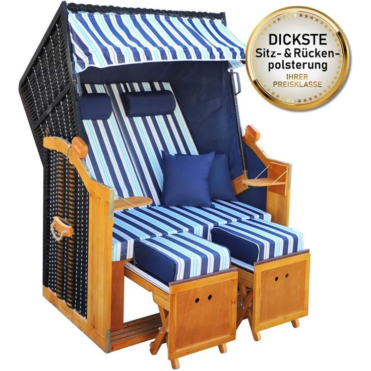 BRAST Strandkorb für 2 Personen, 120cm breit, 5 Designs, BxTxH: 120x79x150 cm, Volllieger, Rügen Deluxe, (verstellbare Rückenlehne weiches Fußkissen), inkl. wetterfeste Abdeckhaube – Bild 1