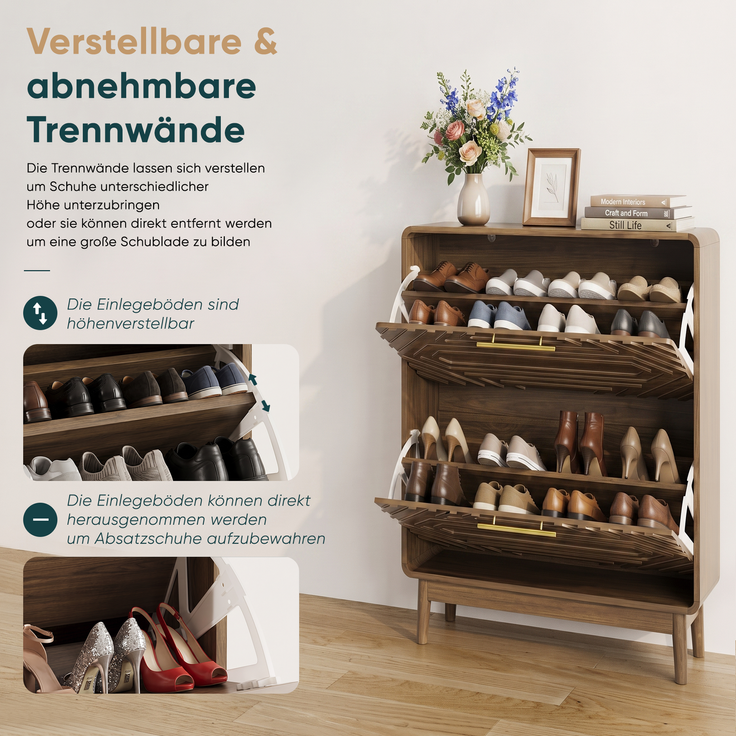 Schuhschrank in Walnussoptik mit 2 Klappfächern, offenem Fach und Kippschutz,95x60x24 cm – Bild 8