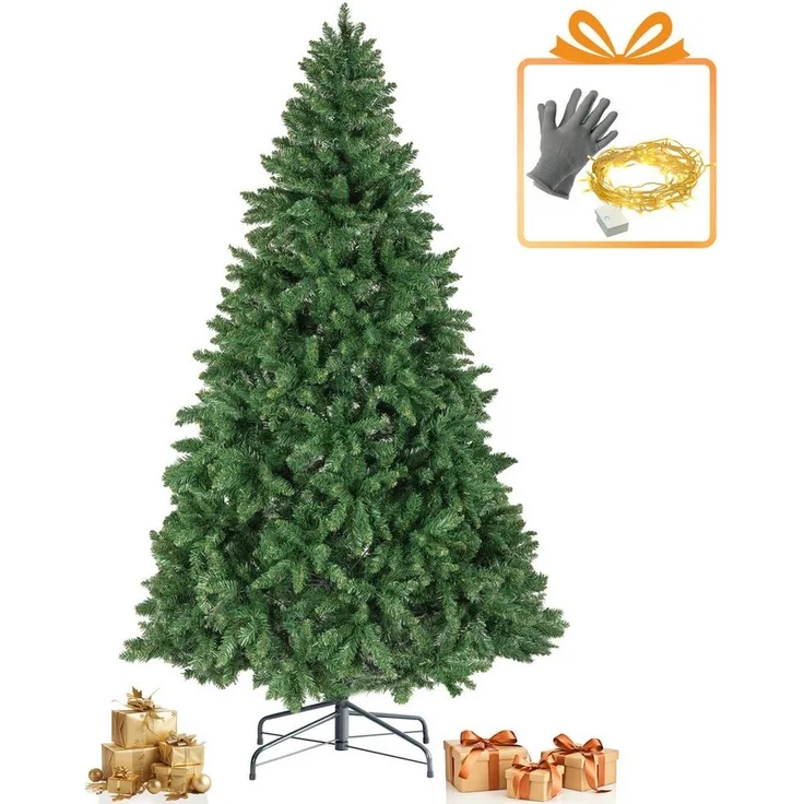 Vankel Künstlicher Weihnachtsbaum mit Beleuchtung, Tannenbaum künstlich, PVC, 180/210cm, Metallständer, Künstliche Tanne, realistisch dicht, sicher & leicht aufzubauen, 1200 Spitzen, mit Lichterkette & Handschuhe, Weihnachtsdeko für Haus und Garten