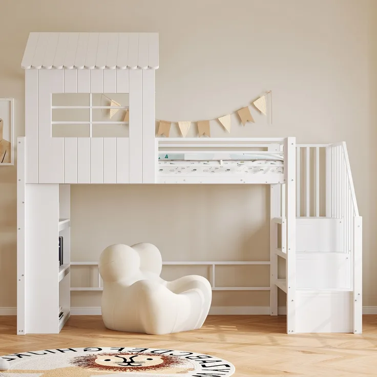 Merax Hochbett 90×200 cm, Kinderbett, Jugendbett, Hausdesign, Mehrstöckiges Stauraumregal, Sichere Treppe (montierbar links/rechts), Weiß