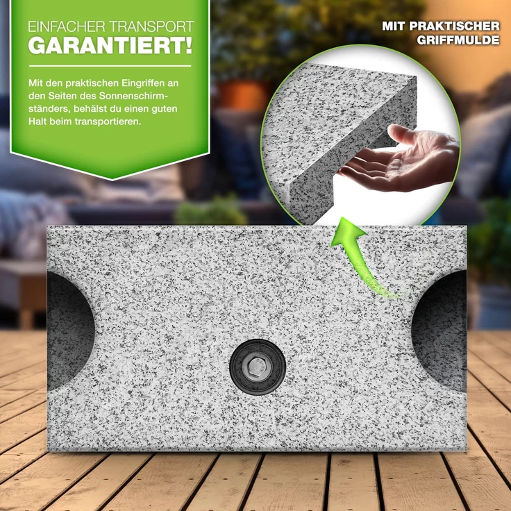 tillvex® Granit Sonnenschirmständer mit Transportgriff Grau - 27 kg Rechteckig | Schirmständer Sonnenschirm mit Edelstahlrohr | Balkonschirmständer für Schirmstöcke 16-48 mm & 300 cm Schirmdurchmesser – Bild 4