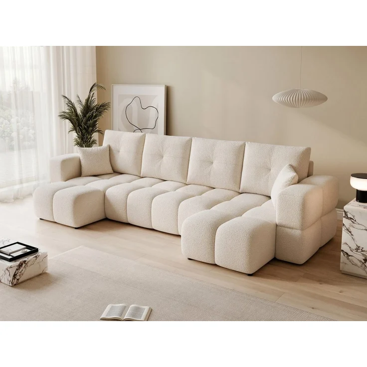 yourhouse24 Wohnlandschaft BUENO U im Glamour-Stil – Trend-Bouclé, Schlaffunktion & Bettkasten, mit Schlaffunktion und Bettkasten, Seite universal – Bild 3