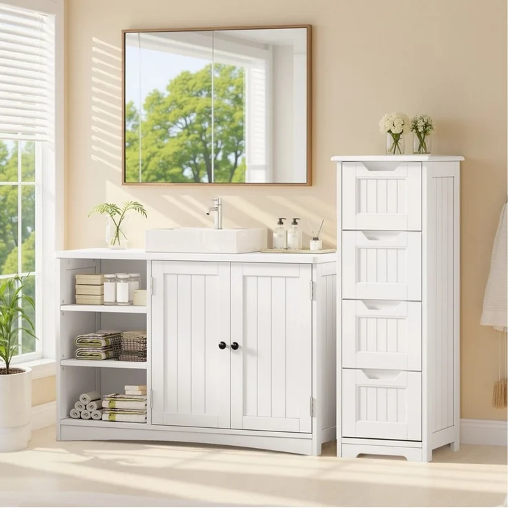 Blishom Waschbeckenunterschrank Waschbeckenunterschrank mit Siphonausschnitt, verstellbarem Boden Waschbeckenunterschrank, Unterschrank, Badmöbel, Badezimmer‑Schrank – Bild 2
