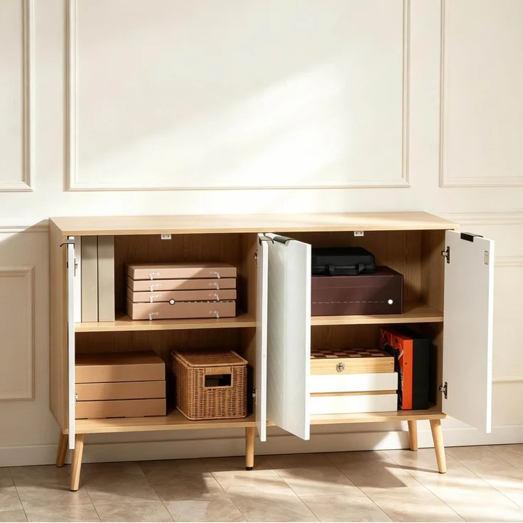 DESVIAE Sideboard Weiß aus Spanplatte – 120x77,4x35 cm – Schublade, verstellbare Einlegeböden – Bild 3