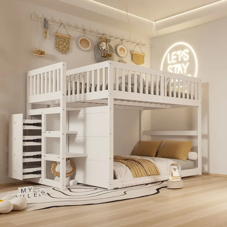 Merax Etagenbett Kinderbett Hochbett 140x200cm mit oberem Lattenrost und 4 Schubladen, Weiß