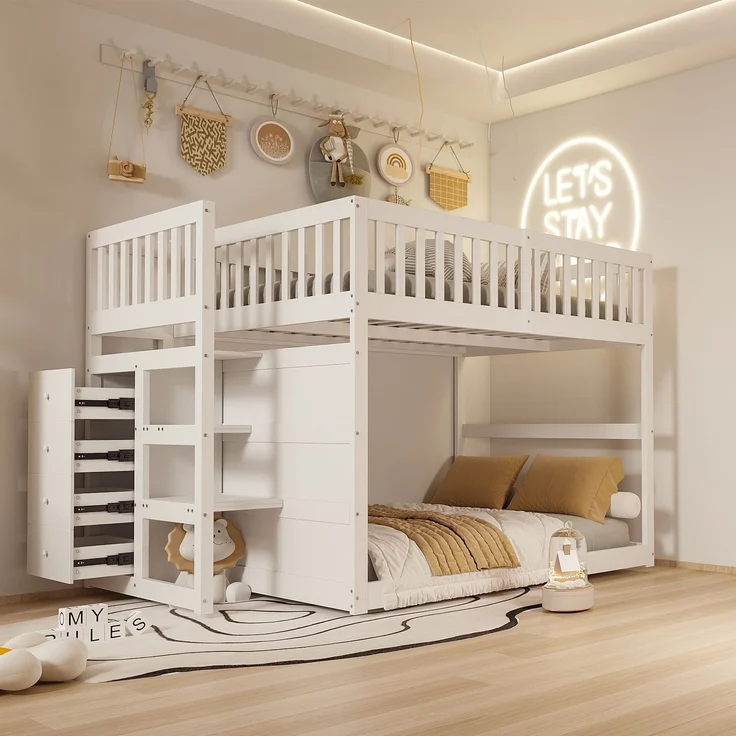 Merax Etagenbett Kinderbett Hochbett 140x200cm mit oberem Lattenrost und 4 Schubladen, Weiß – Bild 1