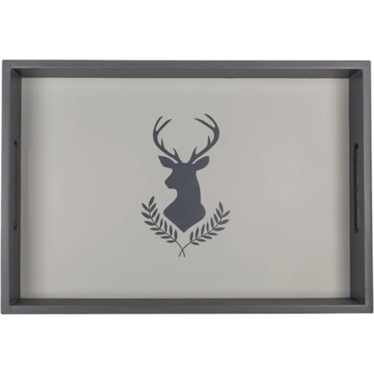 Tablett aus Holz Serviertablett für Geschirr & Deko Grau mit Hirschmotiv Hirsch ca. 30 x 20 cm