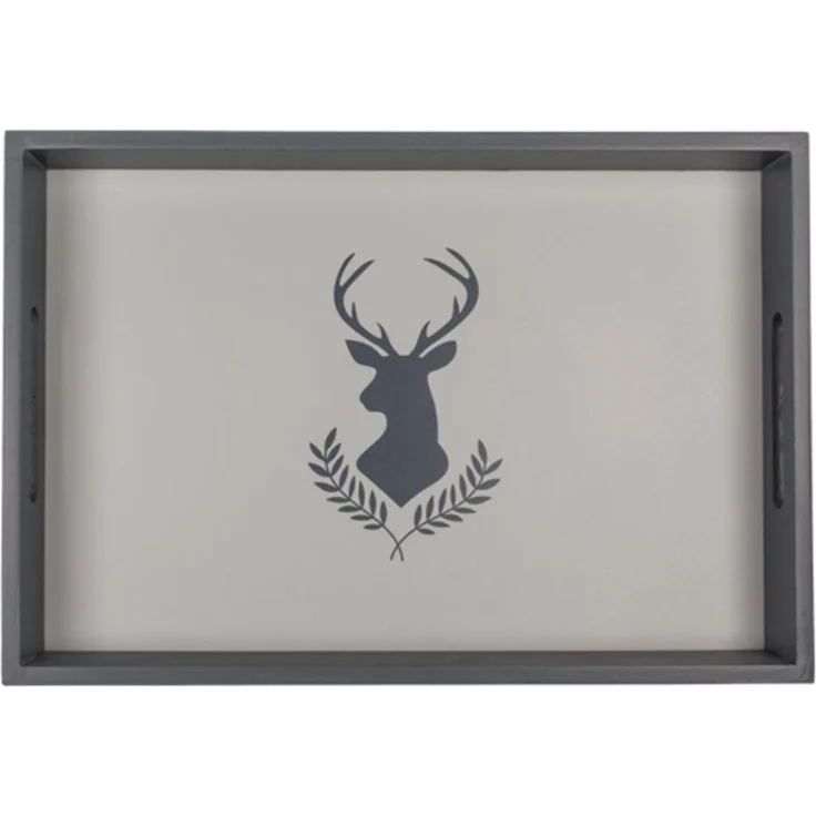 Tablett aus Holz Serviertablett für Geschirr & Deko Grau mit Hirschmotiv Hirsch ca. 30 x 20 cm
