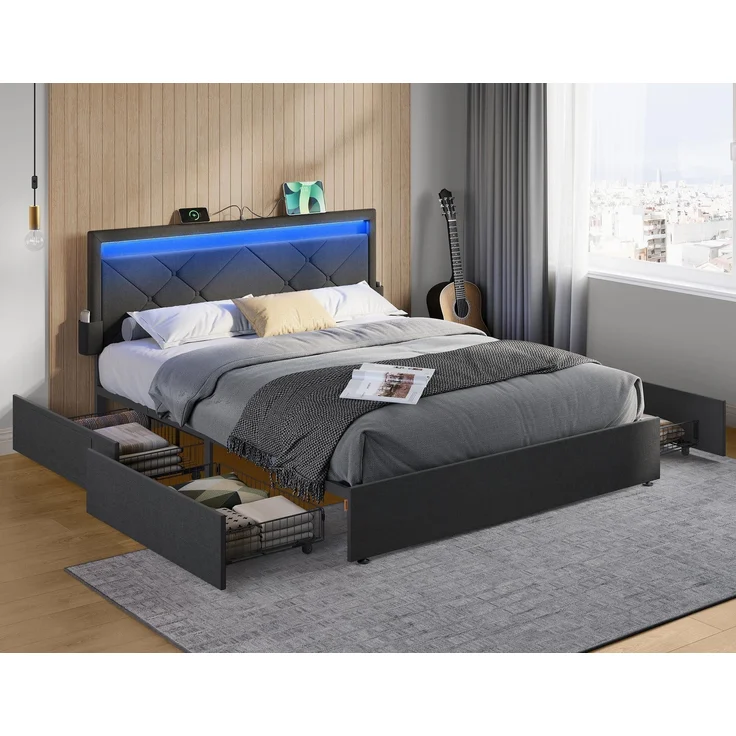 VASAGLE Doppelbettgestell, Bettgestell, 140 x 200 cm, LED, Metallbett, 4 Schubladen, Ladestation, verstellbares gepolstertes Kopfteil, schiefergrau RMB827G02 – Bild 1