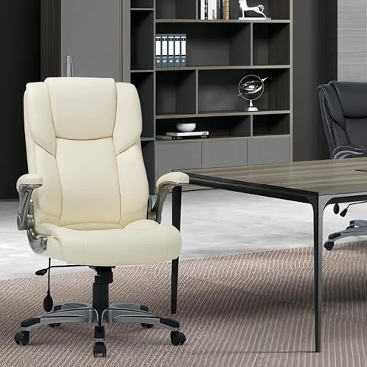 MOLOL Ergonomischer Bürostuhl aus Kunstleder, Schreibtischstuhl mit 74,9 cm hoher Rückenlehne und aufblasbarer Lendenstütze, Drehstuhl mit klappbaren Armlehnen, für Büro Homeoffice Gaming, Elfenbein – Bild 2