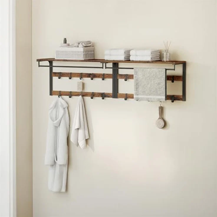 VASAGLE Wandgarderobe, mit Ablage, Wandregal mit 10 abnehmbaren Haken, Hängeregal, Wandmontage, 2 Garderobenleisten, Kleiderstange, für Flur, Schlafzimmer, Badezimmer, vintagebraun-schwarz LCR201B01 – Bild 2