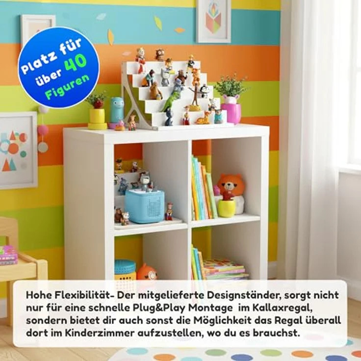 stadtecken® Magnetisches Regal für Musikbox-Figuren – Passend für IKEA Kallax und mehr | Optional mit Platz für Toniebox | Geeignet für ca. 50 Figuren | Weiß (PureFiguren) – Bild 10