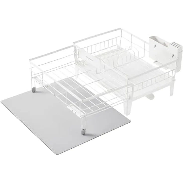 SONGMICS Abtropfgestell Geschirr, ausziehbarer Geschirr-Abtropfständer, wasserabsorbierende Silikonmatte, 360° drehbarer und ausziehbarer Ablauf, (31-56) x 42 x 20 cm, mattweiß-taubengrau – Bild 3