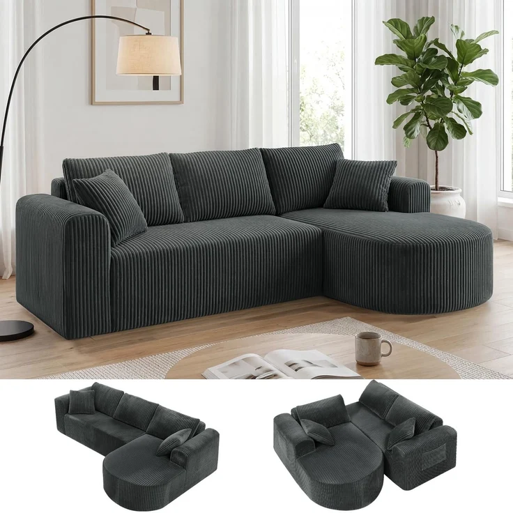 COMHOMA Ecksofa mit Schlaffunktion, 263cm -LCorduroy Modulares Boneless Couch mit Chaiselongue, L-Form Schlafsofa, Sektionssofas mit Kissen & Seitentaschen,Sofa für Wohnzimmer, Keine Montage, Grau – Bild 1