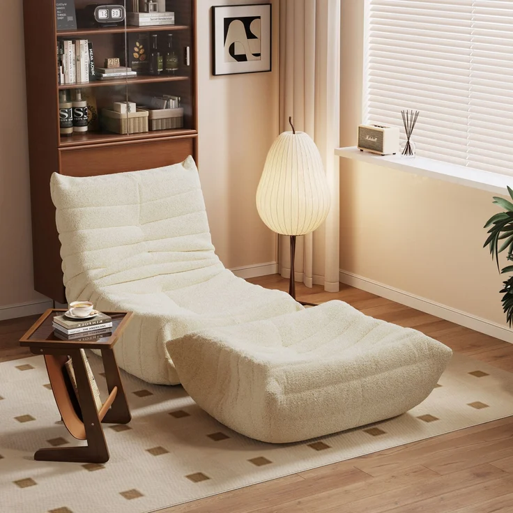 DESVIAE Sitzsack-Sessel mit Lammfell-Optik und Schaumstofffüllung, Beige, 112 x 189 x 82 cm – Bild 5
