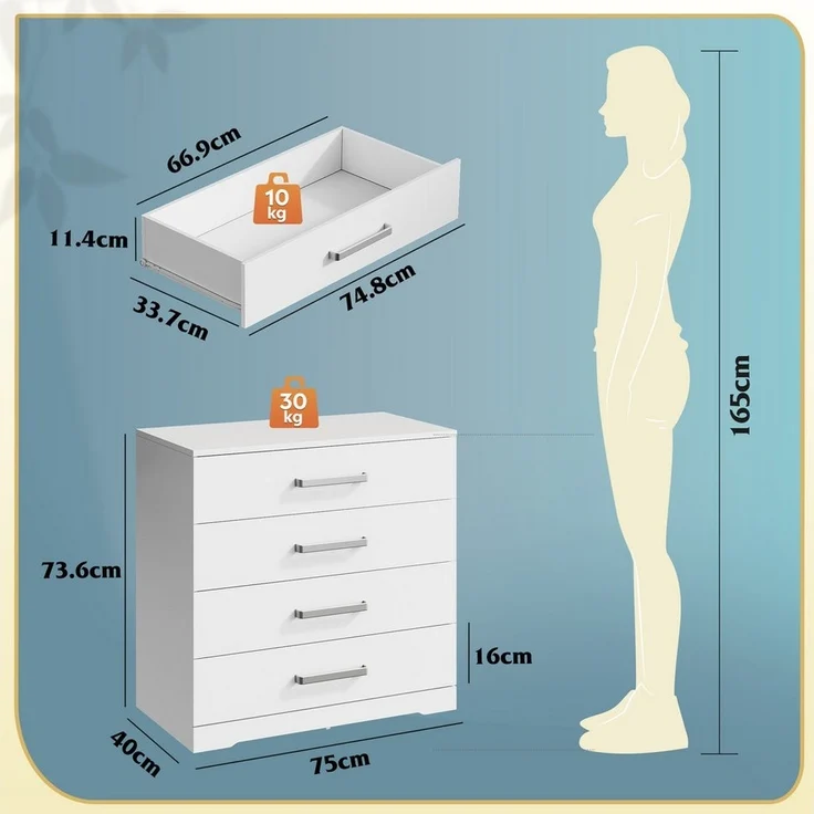 WLIVE Kommode mit 4/5 Schubladen, Moderne Schubladenkommode (Packung, Modernes Sideboard mit 3 Schubladen und 4 Fächern, Breite 75 cm), Vielseitiger Schubladenschrank für Schlafzimmer, Flur & Kinderzimmer – Bild 2