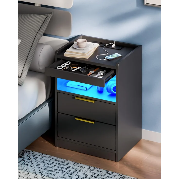 Mondeer Nachttisch LED mit Versteckte Schublade, Nachtschrank mit USB-Anschlüssen & Steckdosen, für Schlafzimmer Wohnzimmer Büro, 60 x 40 x 35 cm (Schwarz)