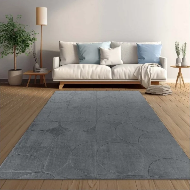 TaraCarpet Teppich Taipe-Rotatoria Hasenfell extra weich Hoch-Tief-Struktur, rechteckig, Höhe: 13 mm, Hasenfell Kreise anthrazit Wohnzimmer Schlafzimmer Esszimmer 60X110 – Bild 1