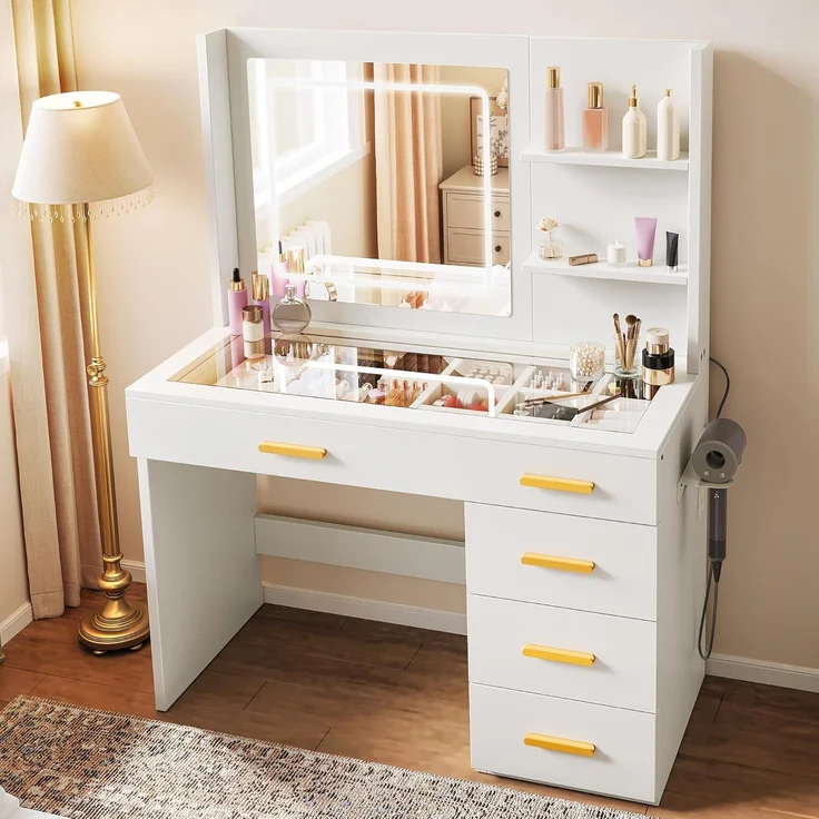 YITAHOME Schminktisch mit Beleuchtung, Dressing Table mit Spiegel Schminktische mit Hocker Farben mit Einstellbarer Helligkeit, Frisiertisch mit 5 Schubladen Offenen Fächern Vanity Table weiß – Bild 1