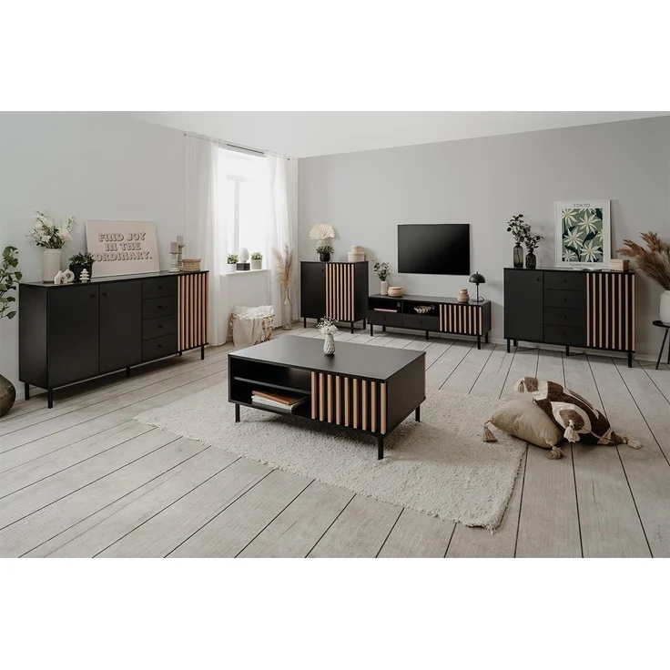 Calicosy Sideboard 2 Türen 4 Schubladen Schwarz und Holz B118 cm - MONZA - Helles Holz – Bild 7