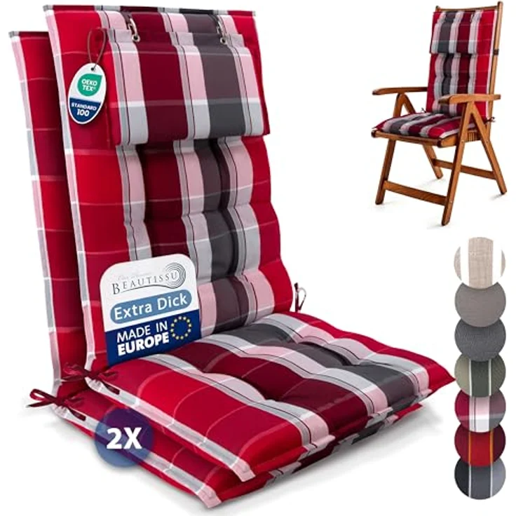 Beautissu Hochlehnerauflage 2er Set Sun-HL, 120x50x8cm, Rot-Anthrazit-Gestreift, mit Kopfpolster, rutschfest und robust, UV 5 Schutz – Bild 1