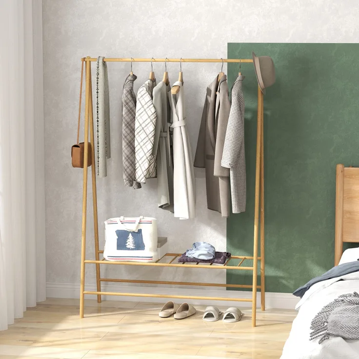 Garderobenständer 116x43,5x160 cm aus Bambus, mit Kleiderstange, 2 Haken und Schuhablage