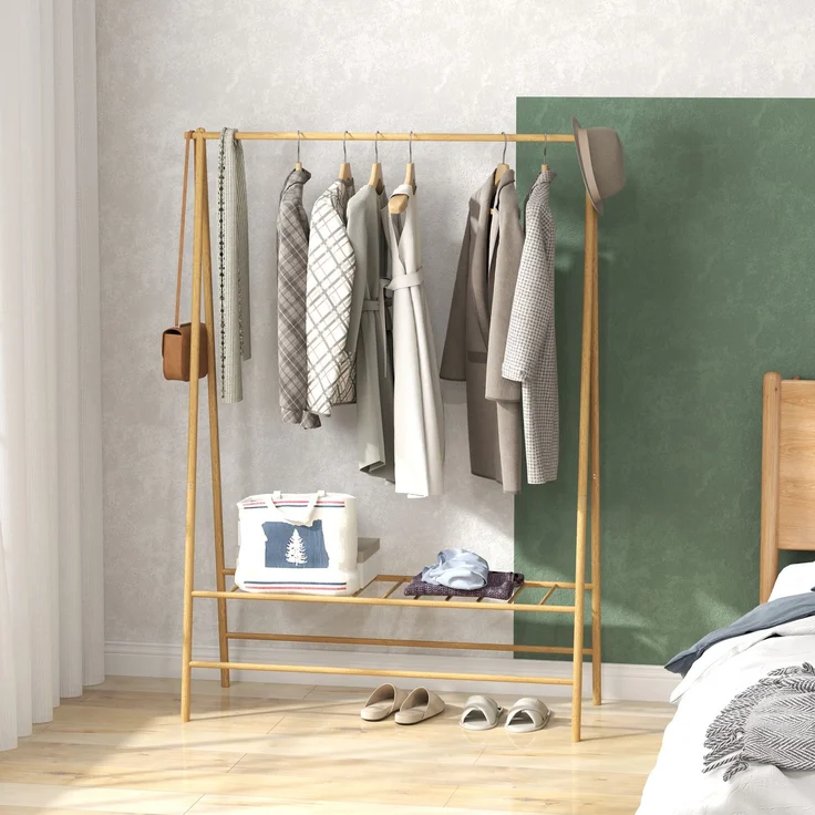 Garderobenständer 116x43,5x160 cm aus Bambus, mit Kleiderstange, 2 Haken und Schuhablage – Bild 1