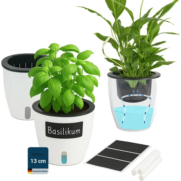 Maximex Selbstbewässernde Pflanztöpfe, 15-teiliges Set, Kräutertöpfe mit Wasserreservoir, automatische Bewässerung für Zimmerpflanzen, Ø 13x13,5 cm, Kunststoff