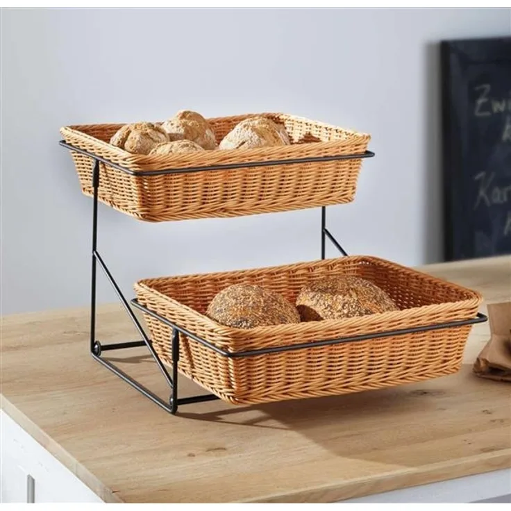 Stufen-Etagere "Poly" aus Metall, schwarz + Körbe aus Polyrattan, Brotkorb, Obstkorb, Präsentationsständer