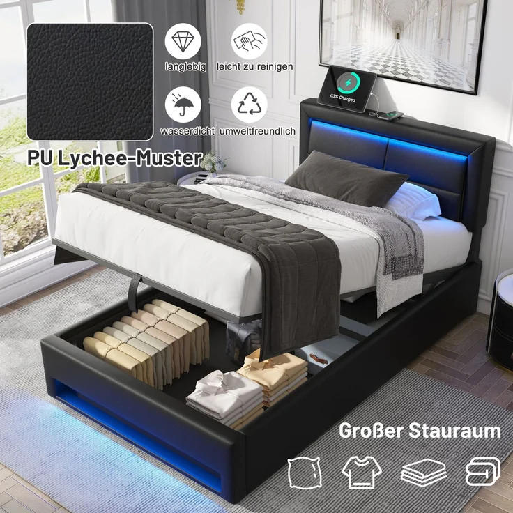Merax Polsterbett LED Einzelbett 90x200cm mit USB-Anschluss und hydraulischem Stauraum, schwarz – Bild 6