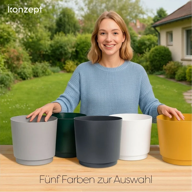 KONZEPT Übertopf Blumentopf 32,5 cm Übertopf aus Kunststoff wetterfest für Innen Außen, Integrierter funktionaler Untersetzer – Bild 1